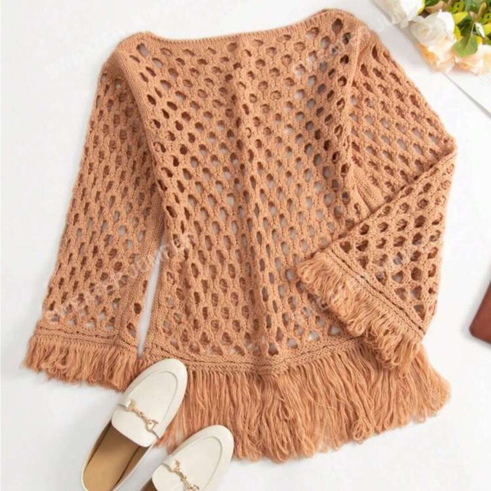 New Tan Crochet Fringe Coverup Dress